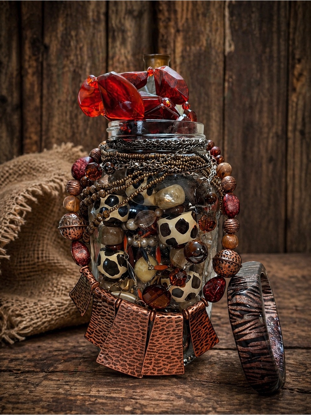 Boho mystery jewelry jar Bead Statement Necklace - Red, Brown & Cream